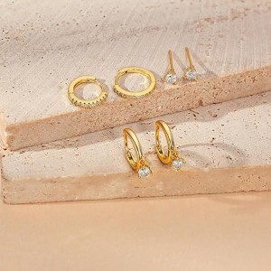 Ensemble de 3 paires de boucles d\'oreilles créoles en or : boucles d\'oreilles à tige délicates, petites boucles d\'oreilles créoles pendantes hypoallergéniques plaquées or 14 carats pour femmes, bijoux en or pour femmes et filles, cadeaux