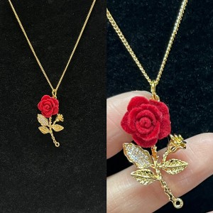 Or romantique-Collier pendentif rose en velours rouge plaqué avec strass-Feuilles ornées et design floral élégant pour l\'amour et la beauté